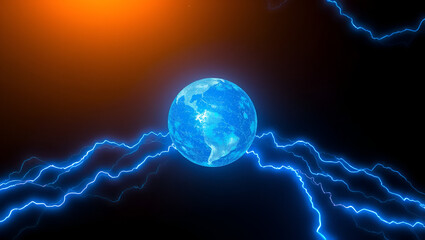 A glowing blue earth with blue electric waves around it.