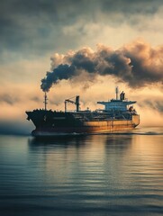 Aufkleber - Massive oil tanker navigating calm ocean waters with smoke billowing from its chimneys at sunset. Generative AI
