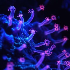 Poster - Glowing bacteria under UV light displaying vibrant colors and intricate forms in a dark environment at night. Generative AI