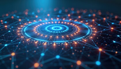 Poster - Futuristic visualization of interconnected blockchain networks. Complex digital network structure with glowing nodes, lines. Abstract graphic design concept for innovative tech systems, future