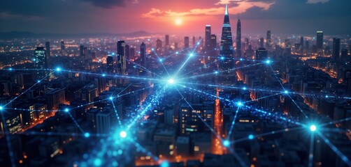 Poster - Futuristic smart city at night. Modern city skyline with communication network connections. Big data transmission between buildings. Concept of future tech infrastructure, wireless communication.
