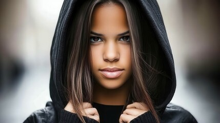 Wall Mural - A woman with long, dark hair and a serious gaze wears a black hooded sweatshirt, pulled up, as she stands on a city street with blurred backgrounds, suggesting a vibrant urban setting