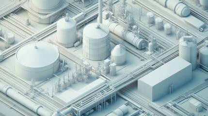 Poster - Geometric industrial layout featuring oil tanks, pipes, and rigs in a complex network design. Generative AI