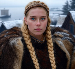 A blonde Viking woman in traditional attire with braided hair stands outdoors, a ship visible in the background amid a snowy scenery.