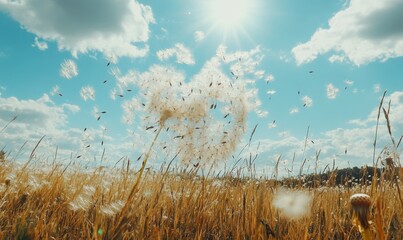 Wall Mural - Dandelion Seeds Floating in a Sunny Field