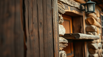 Wall Mural - Rustic Wooden Cabin Exterior with Stone Details: A Close-Up View of Weathered Wood and Stone Textures, Showcasing the Rustic Charm and Architectural Design of a Countryside Home