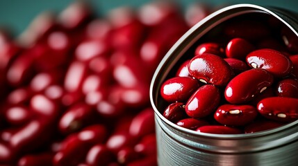 A single opened tin can of kidney beans, shot in macro photography, highlighting the texture of beans and metallic sheen of the can, isolated on a white background, high contrast