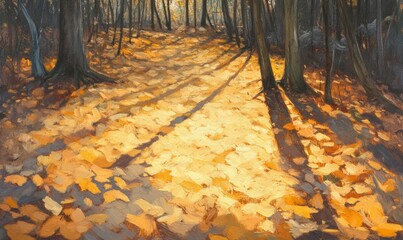 Wall Mural - Golden light illuminates the forest floor as leaves crunch beneath footsteps, crunchy leaves, golden light, forest floor