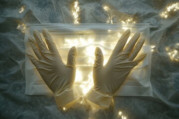 Aufkleber - Protective gloves and mask with fading viruses illuminated on a surface. Generative AI