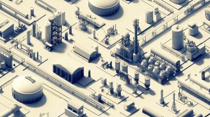 Aufkleber - Geometric industrial pattern showcases interconnected oil tanks, pipes, and rigs in a sprawling facility layout. Generative AI
