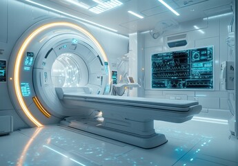 Poster - A Modern MRI Machine in a High-Tech Medical Imaging Room with Soft Lighting and Advanced Monitoring Systems