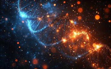 Poster - A Stunning Visualization of DNA Structure with Glowing Particles Depicting Genetic Science, Biotech, and Molecular Biology Concepts in Vibrant Colors