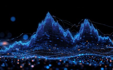 Poster - Abstract Digital Landscape with Vibrant Peaks, Glowing Particles, and Lines Representing Data Visualization, Ideal for Technology and Finance Themes