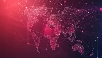Poster - Abstract digital map visualization depicting global connectivity and technological integration with vibrant pink and red hues against a dark background