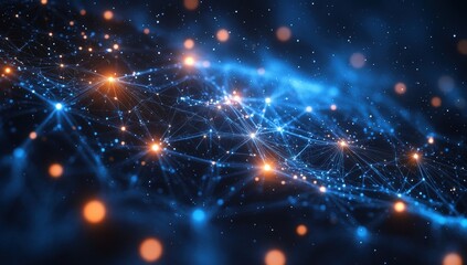 Poster - Abstract Digital Network with Glowing Blue and Orange Lights on a Dark Background Representing Data Flow, Connectivity, and Technological Advancements