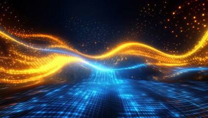 Poster - abstract digital waves of blue and orange light creating a mesmerizing visual effect in a dynamic ne