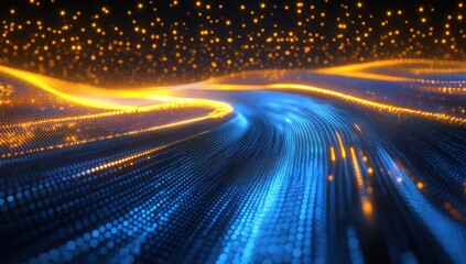Poster - abstract flow of glowing lights in vibrant waves of blue and orange, creating a mesmerizing digital 