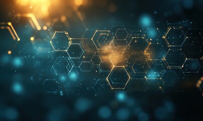 Poster - Abstract futuristic hexagonal pattern with glowing lights and particles over a dark gradient background for technology, science, and digital concepts.
