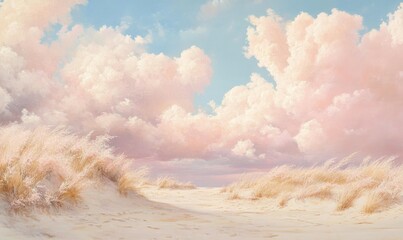 Poster - Pastel pink clouds against a warm beige sandy beach, peaceful surroundings, soothing scene