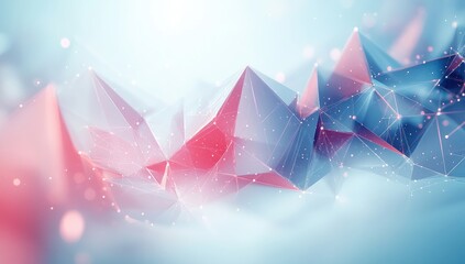 Poster - Abstract geometric landscape with triangular shapes in soft pastel colors and glowing particles creating a dreamy digital background for technology and design themes.