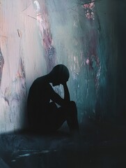 Aufkleber - Person sitting in shadow expressing mental turmoil through abstract elements in a dimly lit space. Generative AI