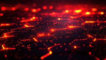 Poster - Abstract glowing hexagonal pattern with bright red lights and dark background, conveying themes of technology, energy, and modernity for digital applications and artistic presentations.