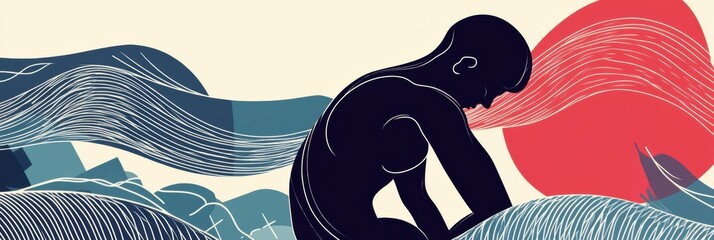 Leinwandbilder - Individual experiences pain, surrounded by abstract geometric shapes and flowing waves representing emotional turmoil and struggle. Generative AI
