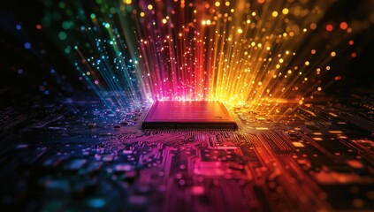 Poster - Abstract representation of a computer chip surrounded by vibrant light particles in a colorful spectrum, symbolizing technology, data, and innovation.