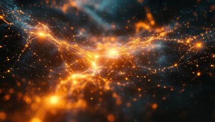 Poster - abstract representation of a cosmic network with glowing connections and vibrant particles against a