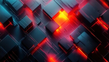 Poster - Abstract 3D Geometric Background with Bright Neon Light Effects and Metallic Textures, Featuring Vibrant Colors in a Futuristic Digital Environment