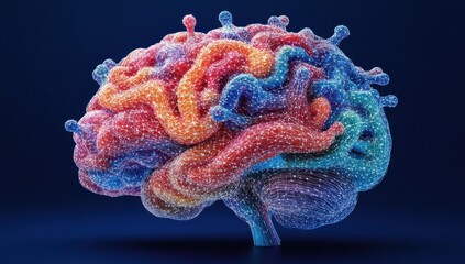 Poster - Abstract 3D Model of Human Brain with Colorful Neural Connections Against a Dark Background Representing Cognitive Science and Neurotechnology Advancement