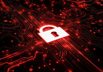 Poster - Abstract Background Featuring a Digital Lock Symbol on a Dark Circuit Board Design with Red and Black Color Scheme Representing Cybersecurity and Data Protection Themes