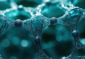 Poster - Abstract close-up of a futuristic molecular network showcasing interconnected nodes and filaments, representing concepts of science, technology, and innovation in a vibrant turquoise hue