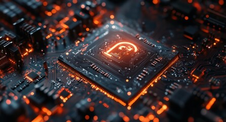 Poster - Abstract close-up of a glowing microchip on a circuit board, showcasing intricate details and vibrant orange lights creating a futuristic technology atmosphere.