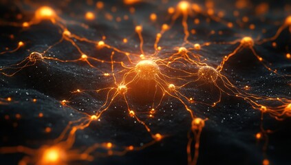 Poster - Abstract close-up of glowing neural connections showcasing vibrant orange neurons against a dark textured background representing biological networks and communication.