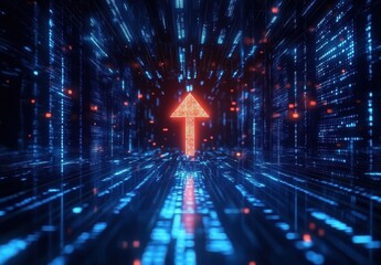 Poster - Abstract concept of digital transformation featuring a vibrant red upward arrow amidst a dynamic backdrop of glowing data streams and futuristic technology patterns.