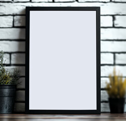 Poster - Simple Black Frame Mockup on Wooden Floor Against White Brick Wall Background with Plant Decor