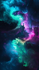 Fototapete - A blend of liquid neon colors, blue, green, and violet, merging seamlessly, resembling an iridescent cosmic nebula. Vertical banner web cover, print ad, presentation, brochure template