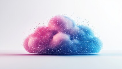 Poster - Abstract depiction of a digital cloud composed of vibrant pink and blue hues with interconnected lines representing data or technology concept in modern graphics