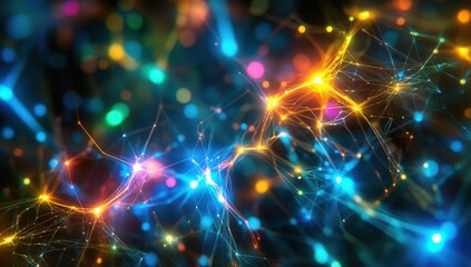 Poster - Abstract depiction of vibrant colorful light trails and glowing particles in a cosmic-like background, showcasing the beauty of science and technology in the digital age