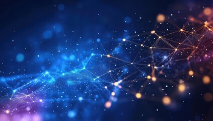 Poster - Abstract digital art representing a network of interconnected nodes and glowing particles in a cosmic, dark blue background, conveying concepts of technology and communication.