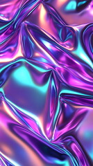 Fototapete - Abstract holographic foil texture. Rainbow gradient of shiny metallic liquid, reflecting neon purple, blue, and green tones Vertical element for festive party, seminar talks, social media post