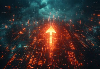 Poster - Abstract digital artwork featuring an upward arrow with glowing orange lines and futuristic elements, representing progress, innovation, and technology in a virtual landscape