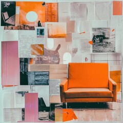 Fototapete - Collage featuring a bright orange couch amidst an array of mixed media elements in a creative setting. Generative AI