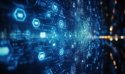 Poster - Abstract Digital Background Featuring Glowing Blue Data Streams and Geometric Shapes Representing Connectivity and Technology in a Futuristic Environment