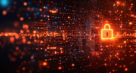Poster - Abstract digital background showcasing a glowing padlock symbol amidst a sea of vibrant data particles, representing cybersecurity, technology, and digital safety.