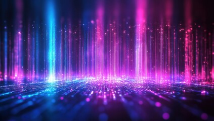 Poster - abstract digital background with colorful glowing light rays and particles for futuristic design and