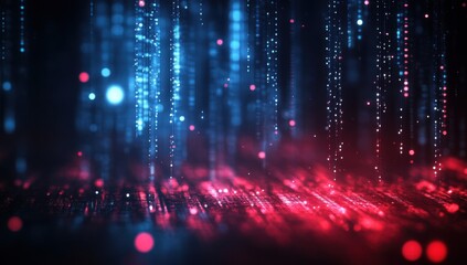 Poster - Abstract digital background with glowing particles and lines in red and blue colors, representing technology, data, and futuristic elements in a vibrant visual display.