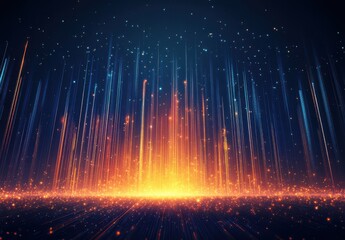 Abstract digital background with glowing streaks of light and sparkling particles creating a vibrant atmosphere of energy and movement, suitable for various creative projects.