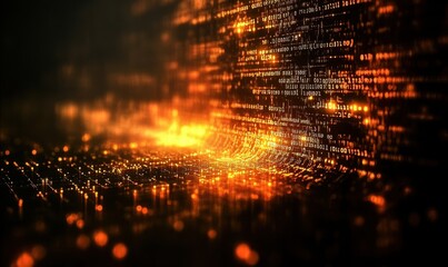 Poster - Abstract digital background with vibrant orange and gold light patterns resembling data streams and binary code representing technology and innovation in a futuristic space